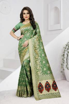 green woven banarasi saree with blouse 1
