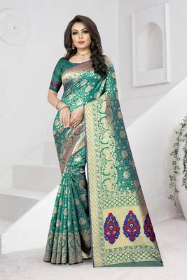 turquoise woven banarasi saree with blouse 1
