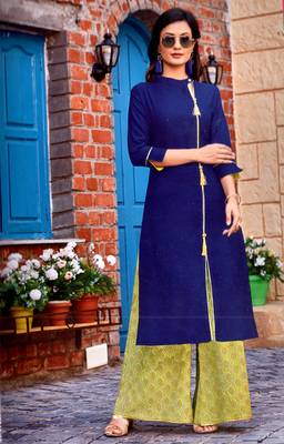 Blue Rayon Block Print Embroidered  Partywear Kurti Palazzo 1