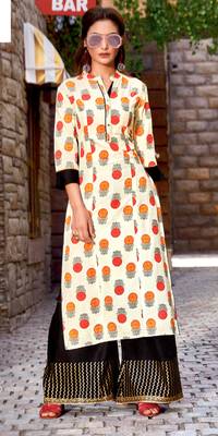 Cream Rayon Block Print Embroidered  Partywear Kurti Palazzo 1