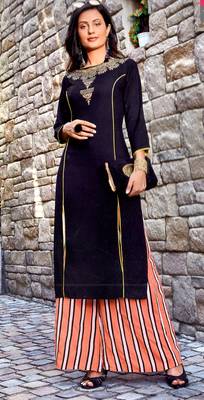 Blue Rayon Block Print Embroidered  Partywear Kurti Palazzo 1