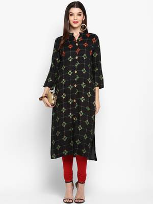 Black Color Printed Rayon Straight Kurti 1