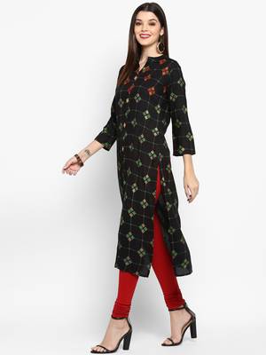Black Color Printed Rayon Straight Kurti 3
