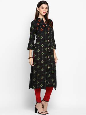 Black Color Printed Rayon Straight Kurti 4