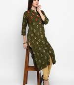 Mahendi Green Color Printed Rayon Straight Kurti
