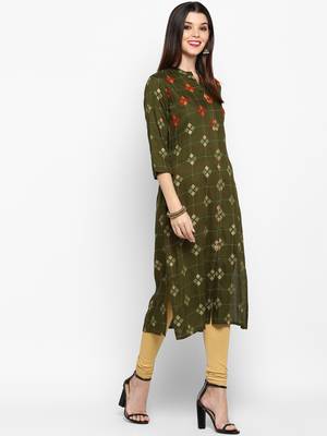 Mahendi Green Color Printed Rayon Straight Kurti 4
