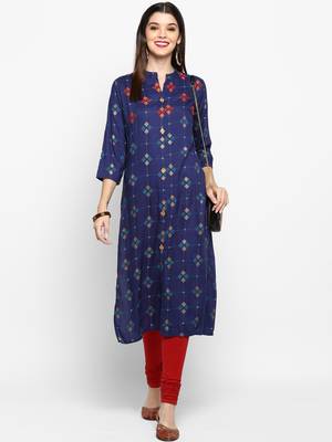 Blue Color Printed Rayon Straight Kurti 1