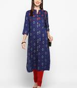 Blue Color Printed Rayon Straight Kurti