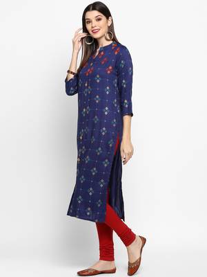 Blue Color Printed Rayon Straight Kurti 3