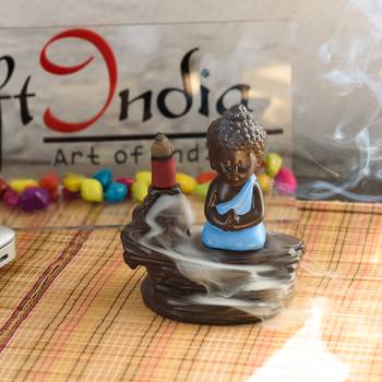 Meditating Monk Buddha Smoke Fountain with 10 Backflow Cone Decorative Incense Holder 1