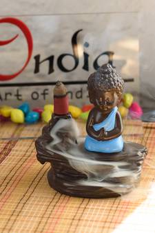 Meditating Monk Buddha Smoke Fountain with 10 Backflow Cone Decorative Incense Holder