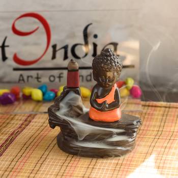Meditating Monk Buddha Smoke Fountain with 10 Backflow Cone Decorative Incense Holder 1