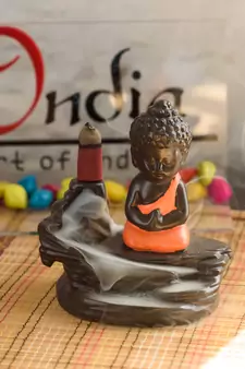 Meditating Monk Buddha Smoke Fountain with 10 Backflow Cone Decorative Incense Holder