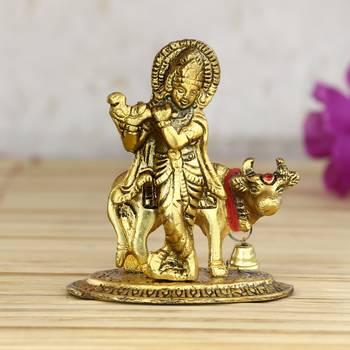 Lord Krishna playing Flute with Golden Cow Showpiece 1
