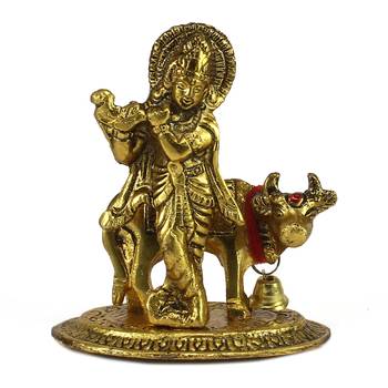 Lord Krishna playing Flute with Golden Cow Showpiece 2