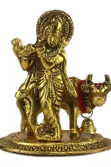 Lord Krishna playing Flute with Golden Cow Showpiece