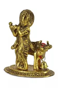 Lord Krishna playing Flute with Golden Cow Showpiece