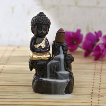 Meditating Monk Buddha Smoke Backflow Cone Holder Decorative Showpiece with 10 free Smoke Backflow Scented Cone Incenses 1