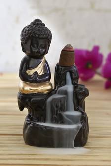 Meditating Monk Buddha Smoke Backflow Cone Holder Decorative Showpiece with 10 free Smoke Backflow Scented Cone Incenses