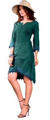 Teal Cotton Block Print Embroidered  Partywear Kurti 1