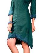 Teal Cotton Block Print Embroidered  Partywear Kurti