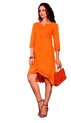 Orange Cotton Block Print Embroidered  Partywear Kurti 1