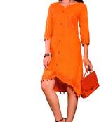 Orange Cotton Block Print Embroidered  Partywear Kurti