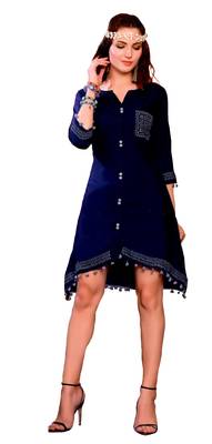 Blue Cotton Block Print Embroidered  Partywear Kurti 1