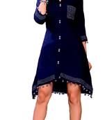 Blue Cotton Block Print Embroidered  Partywear Kurti