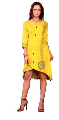 Yellow Cotton Block Print Embroidered  Partywear Kurti 1