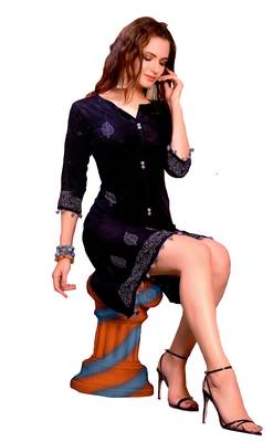 Black Cotton Block Print Embroidered  Partywear Kurti 1