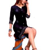 Black Cotton Block Print Embroidered  Partywear Kurti