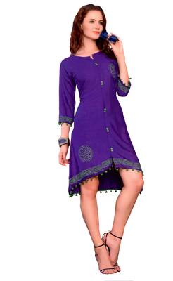 Purple Cotton Block Print Embroidered  Partywear Kurti 1