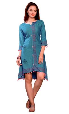 Blue Cotton Block Print Embroidered  Partywear Kurti 1