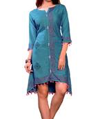 Blue Cotton Block Print Embroidered  Partywear Kurti