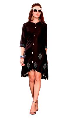 Brown Cotton Block Print Embroidered  Partywear Kurti 1