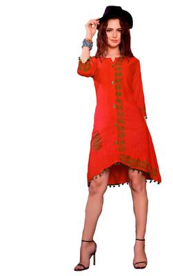 Red Cotton Block Print Embroidered  Partywear Kurti 1