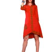 Red Cotton Block Print Embroidered  Partywear Kurti