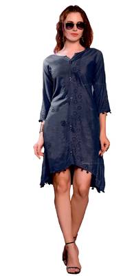 Grey Cotton Block Print Embroidered  Partywear Kurti 1