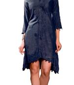 Grey Cotton Block Print Embroidered  Partywear Kurti