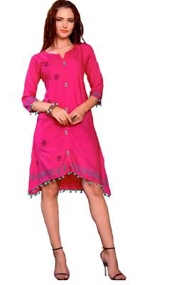 Pink Cotton Block Print Embroidered  Partywear Kurti 1