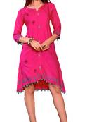 Pink Cotton Block Print Embroidered  Partywear Kurti