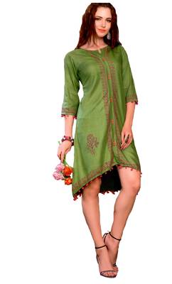 Green Cotton Block Print Embroidered  Partywear Kurti 1