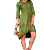 Green Cotton Block Print Embroidered  Partywear Kurti