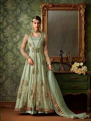 Pista Green Color Blended Silk Designer Anarkali Suit 1