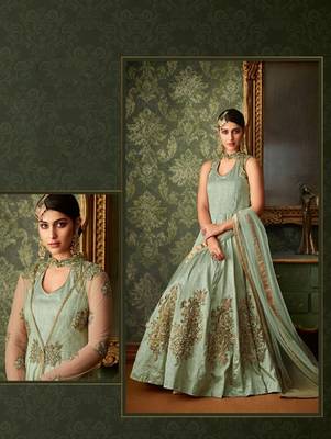 Pista Green Color Blended Silk Designer Anarkali Suit 2