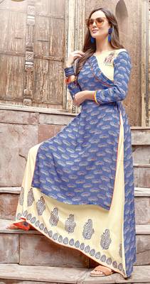Blue Rayon Block Print Embroidered  Partywear Kurti Dress 1