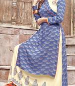 Blue Rayon Block Print Embroidered  Partywear Kurti Dress