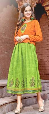 green rayon block print embroidered  partywear Kurti Dress 1