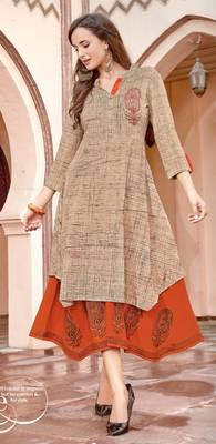 Beige Rayon Block Print Embroidered  Partywear Kurti Dress 1